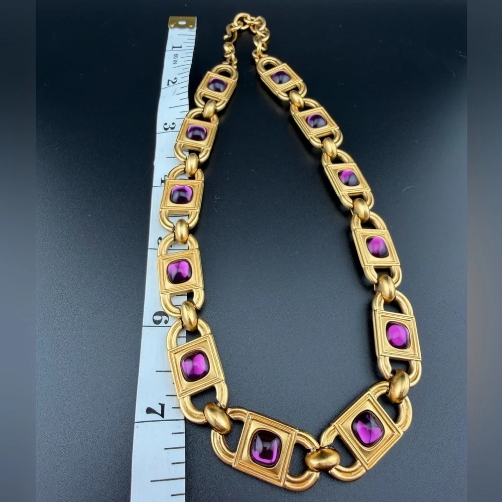 Monet for YSL 1980s Amethyst Glass Cabochon Link Necklace and earrings 68g - Picture 7 of 14